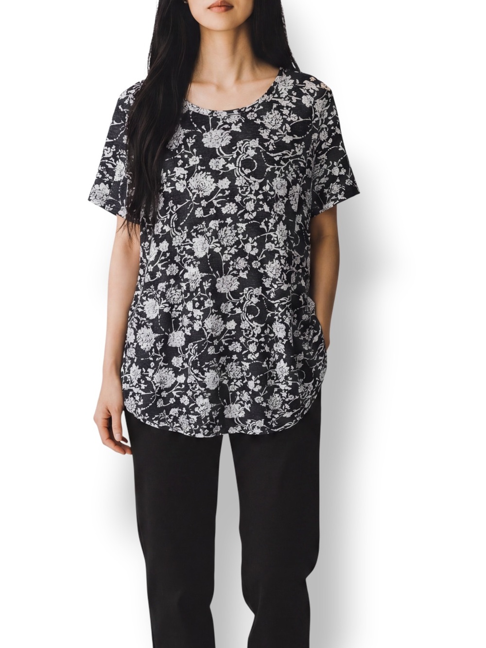 4/$20 Peruvian Connection Black White Floral Tunic Top XS